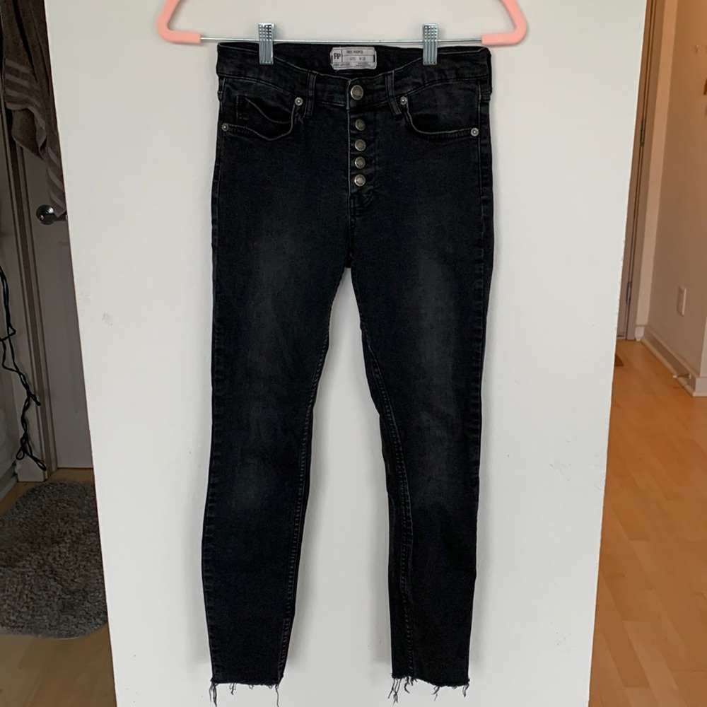 Free People Black High Waisted Skinny Jeans with Button Closure (Size 28)